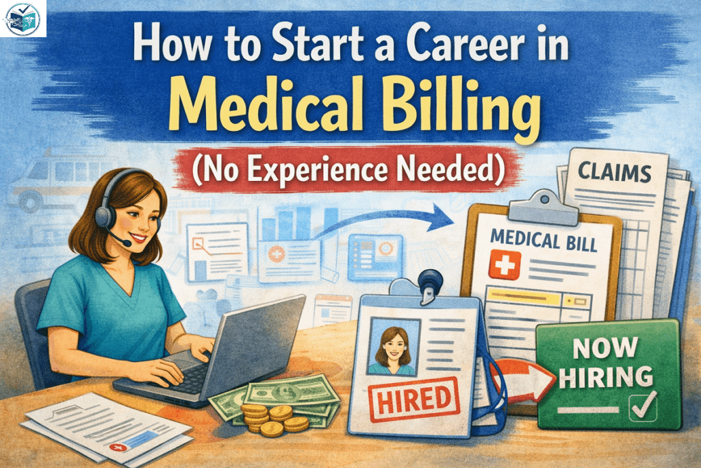 A beginner medical billing professional working on a laptop with medical bills, claims documents, and a “Now Hiring” sign, representing a career in medical billing without experience.
