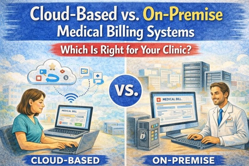 Comparison of cloud-based and on-premise medical billing systems showing a cloud dashboard on one side and an in-clinic server setup on the other.