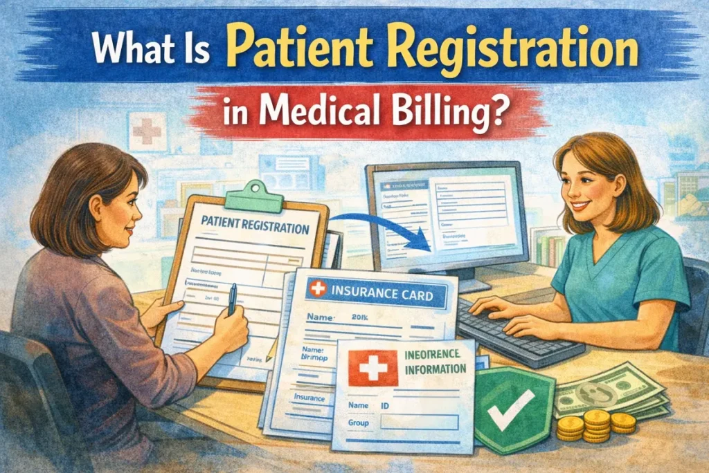 Patient registration process in medical billing showing a patient filling a registration form, insurance card verification, and receptionist data entry