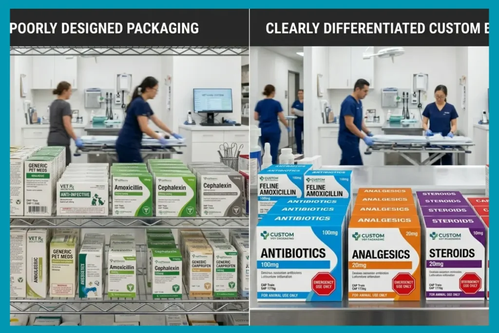 Current image: Comparison between confusing generic boxes vs differentiated veterinary packaging.
