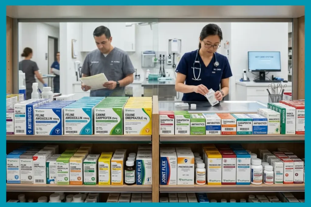 Veterinary clinic shelf with organized custom medicine boxes.