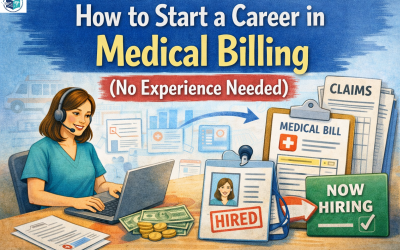 A beginner medical billing professional working on a laptop with medical bills, claims documents, and a “Now Hiring” sign, representing a career in medical billing without experience.
