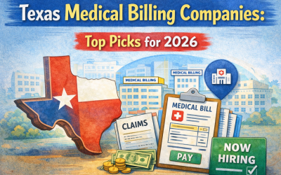 Texas medical billing companies illustration showing the Texas map, medical billing offices, claims documents, and a medical bill clipboard representing top medical billing companies in Texas for 2026.