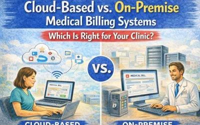 Comparison of cloud-based and on-premise medical billing systems showing a cloud dashboard on one side and an in-clinic server setup on the other.