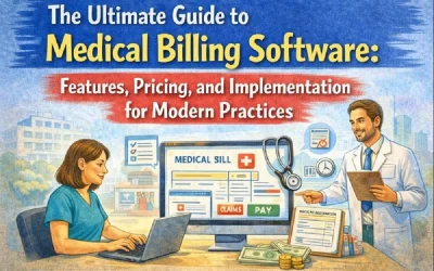 Medical billing software dashboard showing claims, payments, pricing features, and healthcare staff reviewing billing tools for modern medical practices
