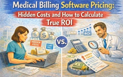 Medical billing software pricing comparison showing hidden costs, ROI calculation, and healthcare professionals reviewing billing expenses, by DenialJournal.