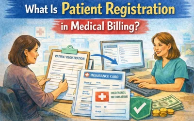 Patient registration process in medical billing showing a patient filling a registration form, insurance card verification, and receptionist data entry