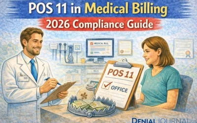 POS 11 medical billing compliance illustration showing an office visit setting with a provider, patient, and POS 11 office designation for 2026.